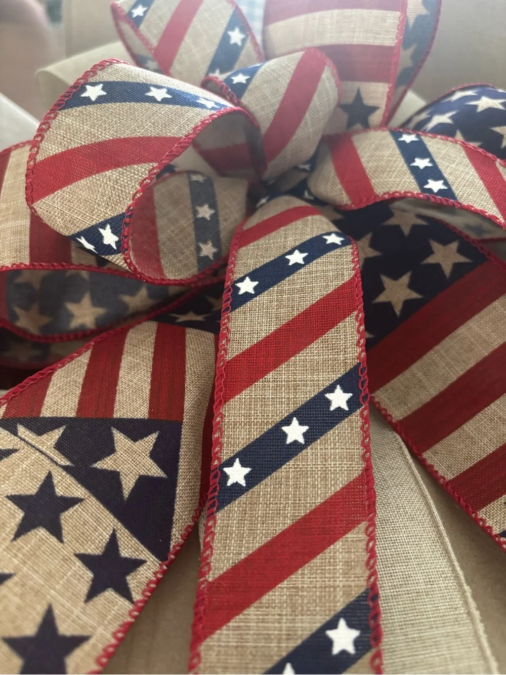 Hand Crafted Patriotic Red, Blue, Cream Burlap Bow Wreath Accent